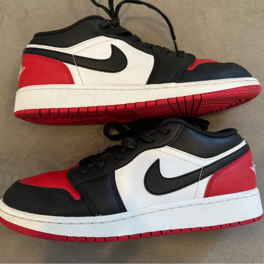 Nike Low Jordans -  Black, White, and Red Sneakers - size 6Y